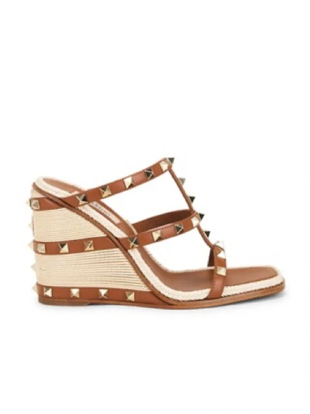 Valentino Brown 100mm Rockstud Espadrille Leather Wedge Sandals with Gold Studs
